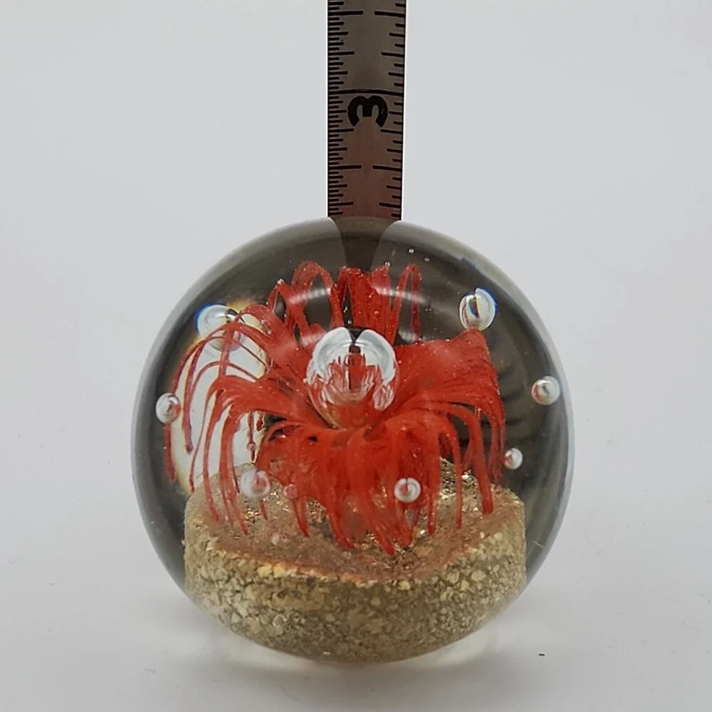 Art Glass Red Flower Sphere Paperweight Aventurine & Controlled Bubbles